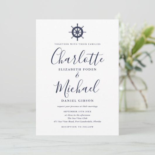 Nautical Ship Wheel Navy Blue Script Hochzeit Einladung (Stehend Vorderseite)