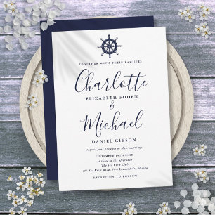 Nautical Ship Wheel Navy Blue Script Hochzeit Einladung