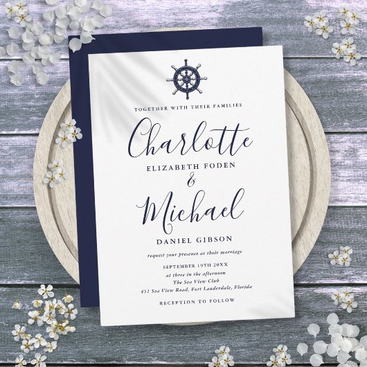 Nautical Ship Wheel Navy Blue Script Hochzeit Einladung