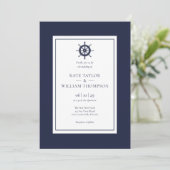 Nautical Ship Wheel Navy Blue Wedding Foto Einladung (Stehend Vorderseite)