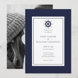 Nautical Ship Wheel Navy Blue Wedding Foto Einladung