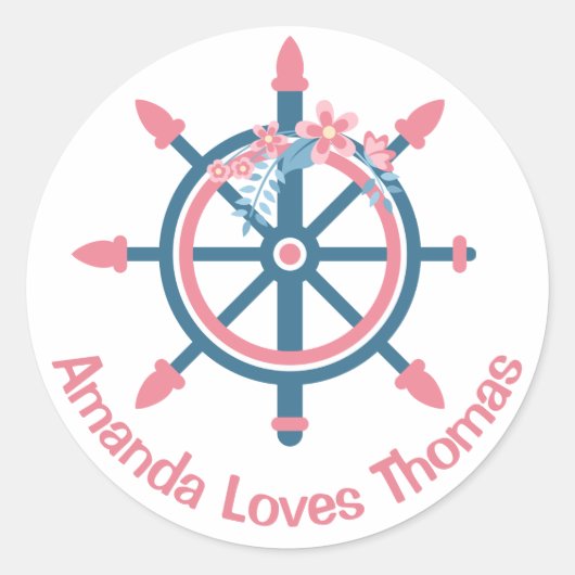 Nautical Ship Wheel Pink Blue Personalisiert Hochz Runder Aufkleber (Vorderseite)