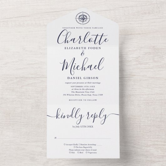 Nautical Ships kompass Navy Blue Script Wedding Al All In One Einladung (Innen Boden)