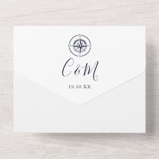 Nautical Ships kompass Navy Blue Script Wedding Al All In One Einladung (Rückseite)