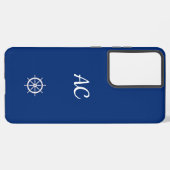 Nautical Ships Wheel Blue+White (personalisieren) Samsung Galaxy Hülle (Linke Seite)