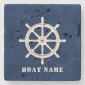 Nautical Ships Wheel Helm & Your Boat Name auf Blu Steinuntersetzer (Vorderseite)