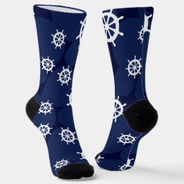 Nautical Ships Wheel Navy Blue and White Muster Socken