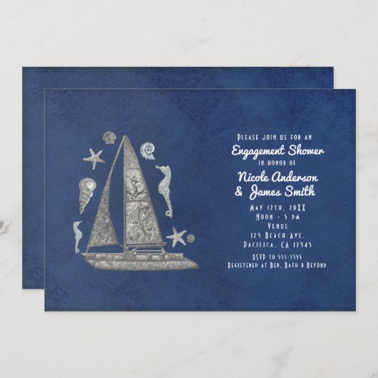 Nautical Silver Boat & Beach - Einladungen (Vorne/Hinten)