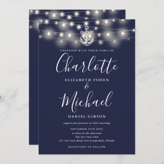Nautical String Lights Monogram Navy Blue Wedding Einladung (Vorne/Hinten)