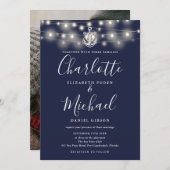 Nautical String Lights Navy Blue Foto Wedding Einladung (Vorne/Hinten)