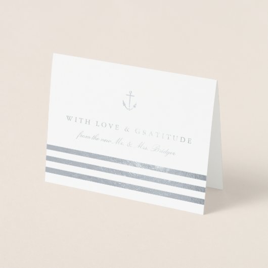 Nautical Stripe & Anchor Wedding Foto Vielen Dank Folienkarte (Vorderseite)