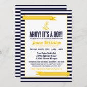 Nautical Stripe Anchor Yellow & Navy Baby Dusche Einladung (Vorne/Hinten)