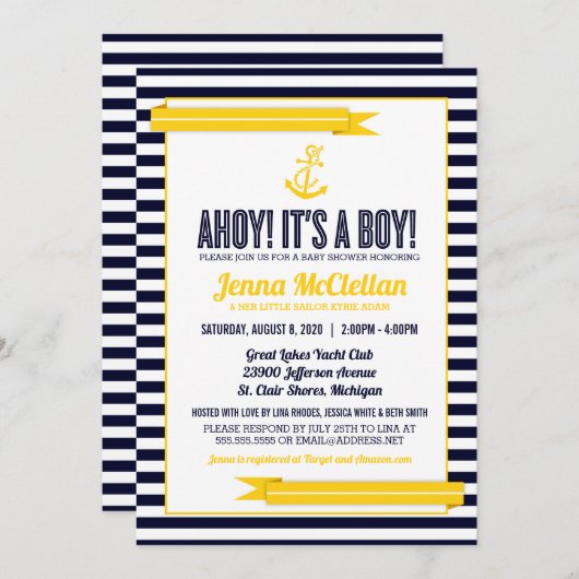 Nautical Stripe Anchor Yellow & Navy Baby Dusche Einladung (Vorne/Hinten)
