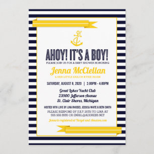 Nautical Stripe Anchor Yellow & Navy Baby Dusche Einladung