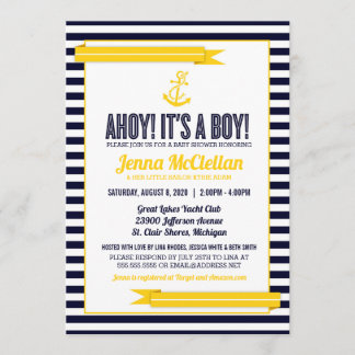 Nautical Stripe Anchor Yellow & Navy Baby Dusche Einladung