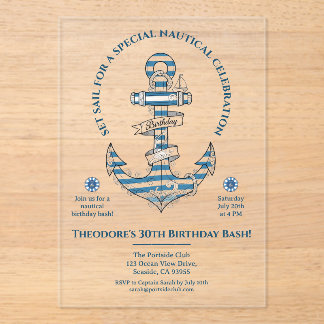 Nautical Striped Anchor Birthday Party Acryleinladungen