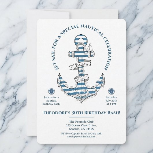 Nautical Striped Anchor Birthday Party Invitation Einladung