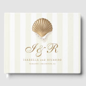 Nautical Striped Gold Seashell Coastal Wedge Gästebuch (Vorderseite)