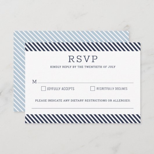 Nautical Striped Navy Blue Wedding Repcard RSVP Karte (Vorne/Hinten)