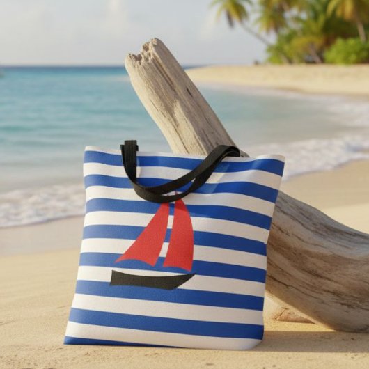 nautical striped tote bag, tote bag with sailboat  tasche