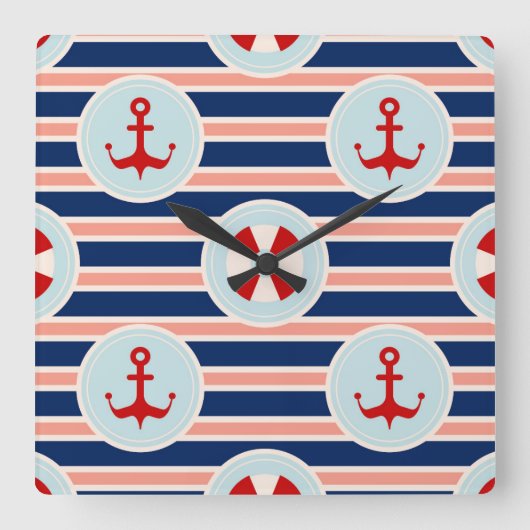 Nautical Stripes And Dots Pattern Quadratische Wanduhr (Vorderseite)