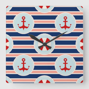 Nautical Stripes And Dots Pattern Quadratische Wanduhr