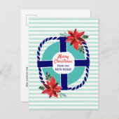 Nautical Stripes Christmas Poinsettias Moving Ankündigungspostkarte (Vorne/Hinten)