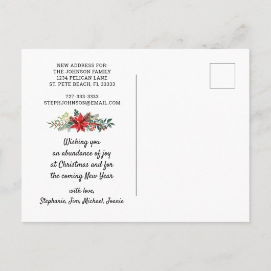 Nautical Stripes Christmas Poinsettias Moving Ankündigungspostkarte (Rückseite)