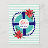 Nautical Stripes Christmas Poinsettias Moving Ankündigungspostkarte (Vorderseite)