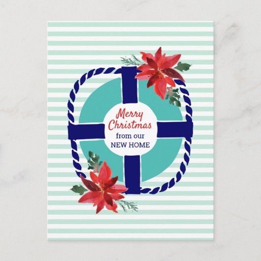 Nautical Stripes Christmas Poinsettias Moving Ankündigungspostkarte (Vorderseite)