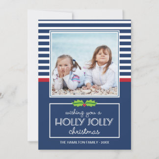 Nautical Stripes Holly Jolly Christmas Flat Card Feiertagskarte