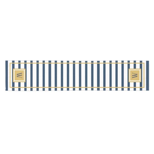 Nautical Stripes Navy Blue Monogram Initial Kurzer Tischläufer (Horizontal)