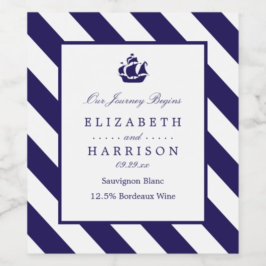Nautical Stripes & Navy Blue Ship Wedding Weinetikett (Einzelnes Label)