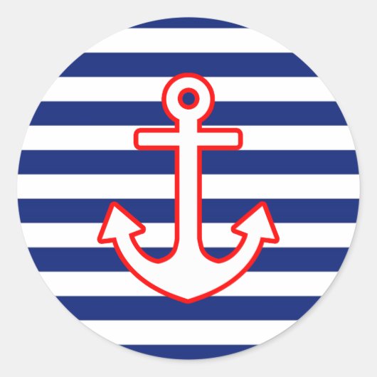 Nautical Style Anchor on Stripes Runder Aufkleber (Vorderseite)