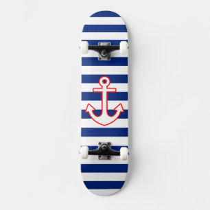 Nautical Style Anchor on Stripes Skateboard