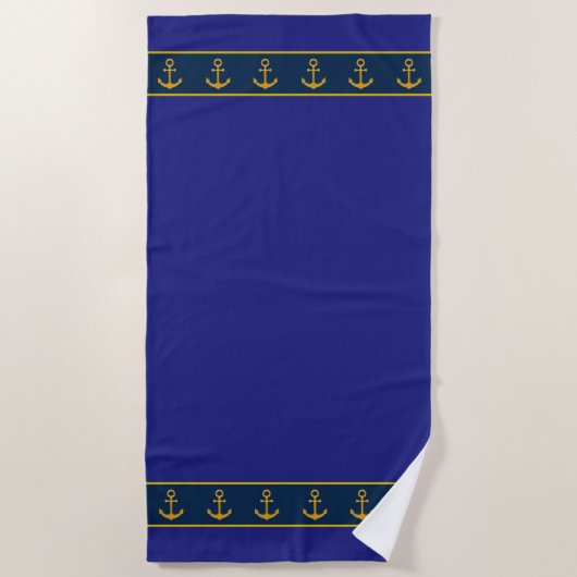 Nautical, Stylish Golden Anchors on Navy Blue Strandtuch (Vorderseite)