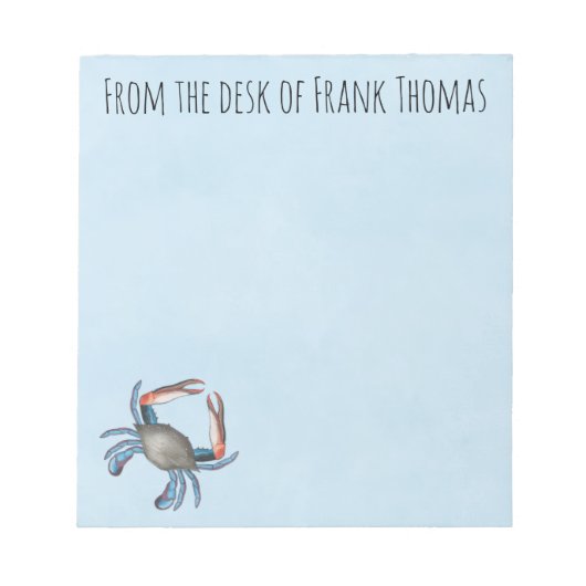 Nautical Stylish Nature Blue Crab Typografie Notizblock (Vorderseite)