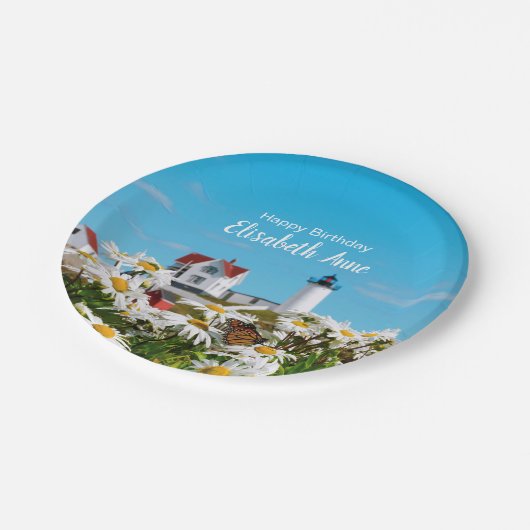 Nautical Summer Birthday Nubble Maine Lighthouse Pappteller (Schrägansicht)
