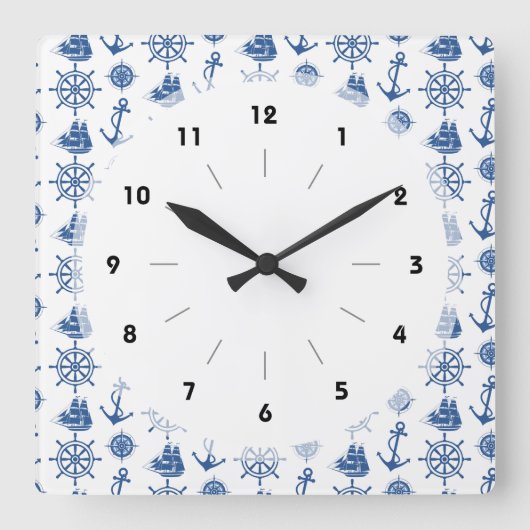 Nautical Theme Anchor Blue and White Quadratische Wanduhr (Vorderseite)