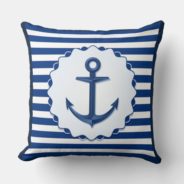 Nautical Theme Blue White Anchor Marine Stripe Kissen (Vorderseite)
