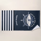 Nautical Theme Boat Name Navy Blue Strip Strandtuch (Vorderseite)