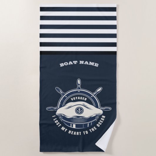 Nautical Theme Boat Name Navy Blue Strip Strandtuch (Vorderseite)
