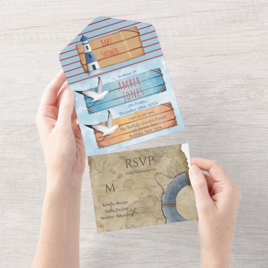 Nautical Theme Boy Baby Dusche All In One Einladung (Abreißen)