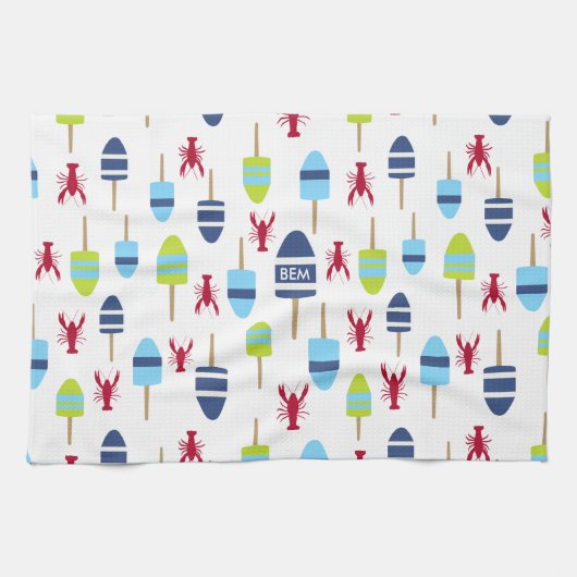 Nautical Theme Buoy and Hummer mit Monogramm Geschirrtuch (Horizontal)