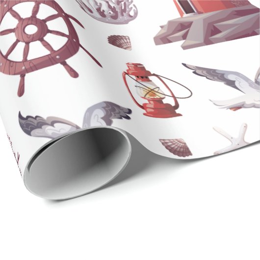 Nautical Theme - Leuchtturm, Korallen, Meeresleben Geschenkpapier (Rolleneckpunkt)
