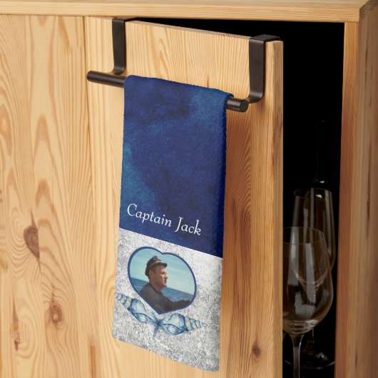 Nautical-Theme Navy Blue Foto Muscheln Aquarell Geschirrtuch (Drittel gefaltet)