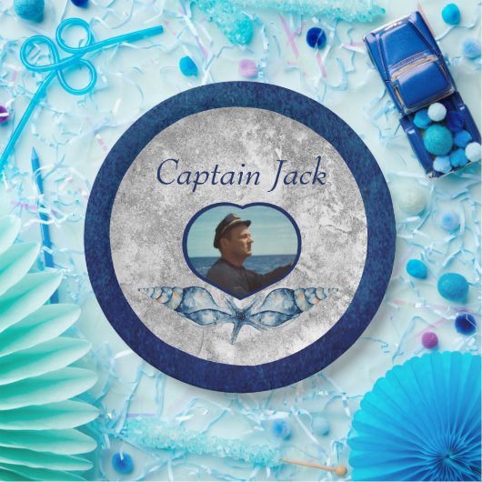 Nautical-Theme Navy Blue Foto Muscheln Aquarell Pappteller (Party)