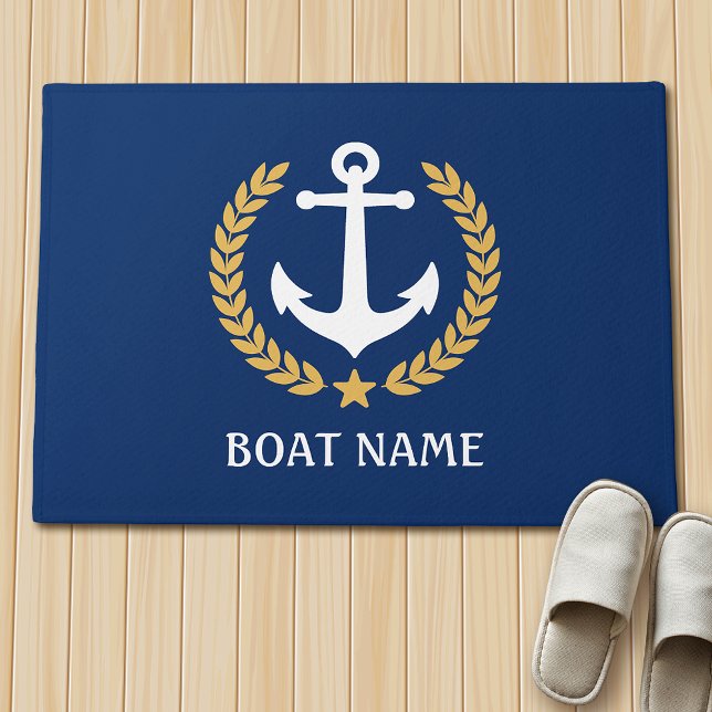 Nautical Themed Bootname Anchor Gold Laurel Blue Fußmatte (Several sizes to choose from.)
