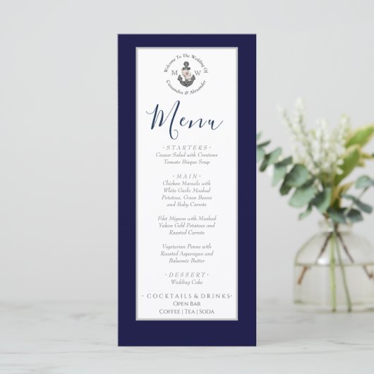 Nautical-Themed Floral Anchor White Navy Blau Menükarte (Stehend Vorderseite)