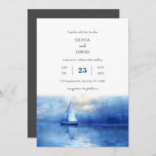 Nautical Twilight Sailboat Blue Sky Beach Hochzeit Einladung (Vorne/Hinten)